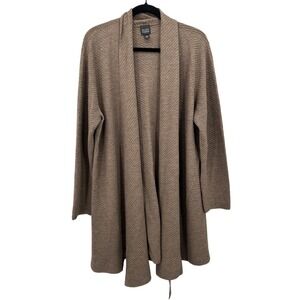 Eileen Fisher XL Brown Wool Open Front Cardigan Long Ribbed Knit Sweater READ
